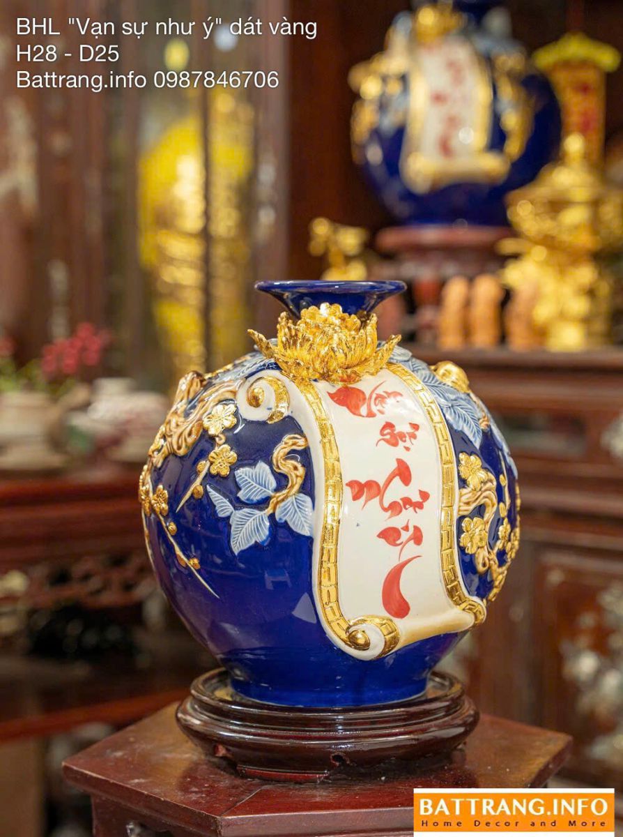 Bình Hút Tài Lộc Men Màu Đắp Nổi Chữ “Vạn Sự Như Ý” Cao 28cm Dát Vàng Cao Cấp Bát Tràng
