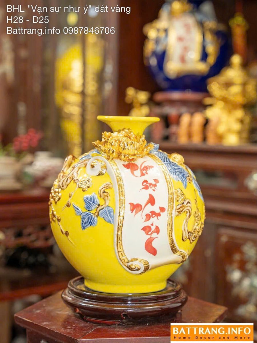 Bình Hút Tài Lộc Men Màu Đắp Nổi Chữ “Vạn Sự Như Ý” Cao 28cm Dát Vàng Cao Cấp Bát Tràng