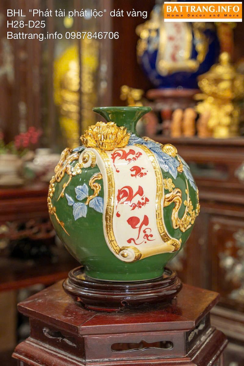 Bình Hút Tài Lộc Men Màu Đắp Nổi Dát Vàng Chữ “Phát Tài Phát Lộc” Cao 28cm