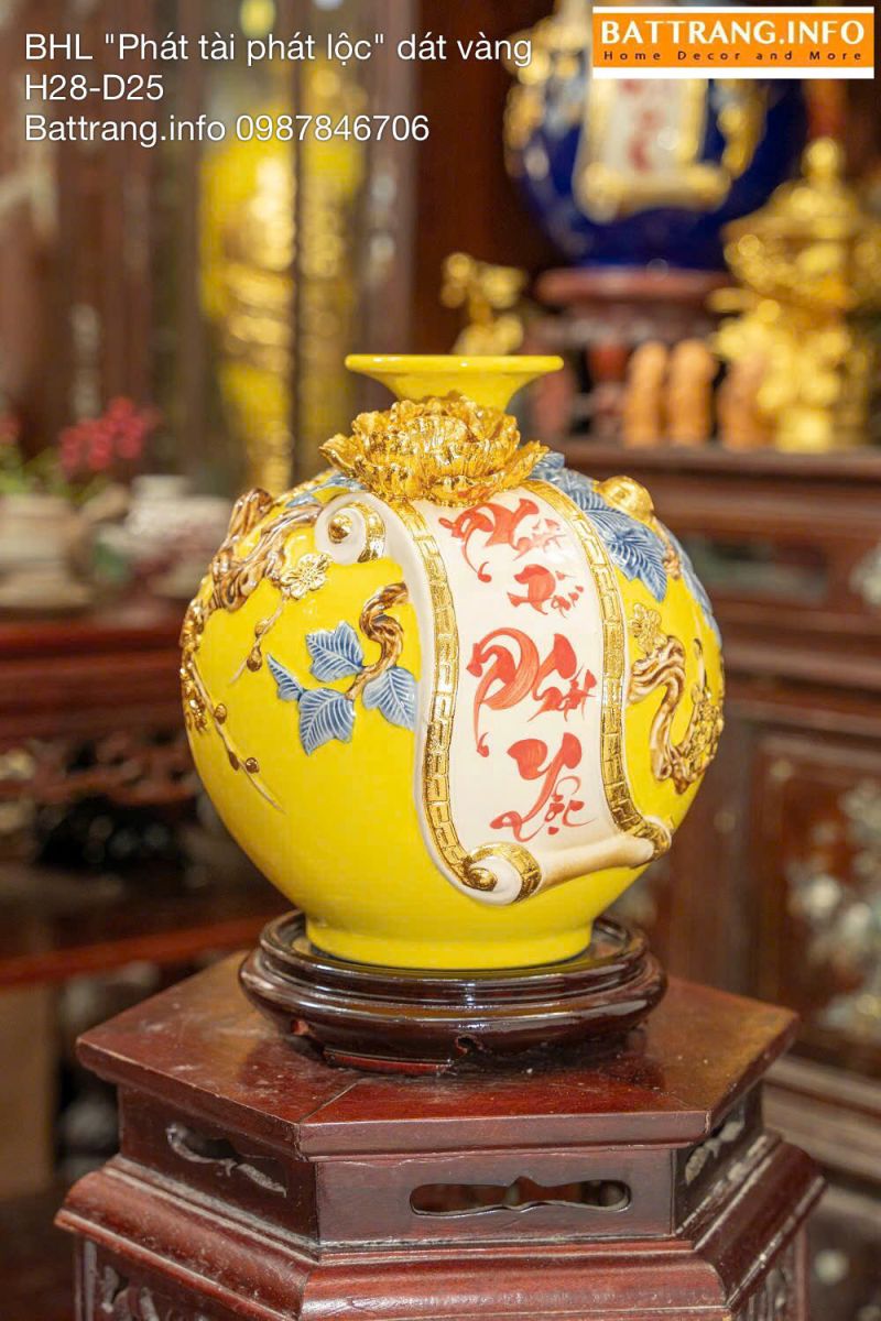 Bình Hút Tài Lộc Men Màu Đắp Nổi Dát Vàng Chữ “Phát Tài Phát Lộc” Cao 28cm