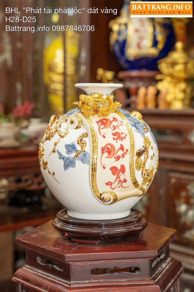 Bình Hút Tài Lộc Men Màu Đắp Nổi Dát Vàng Chữ “Phát Tài Phát Lộc” Cao 28cm