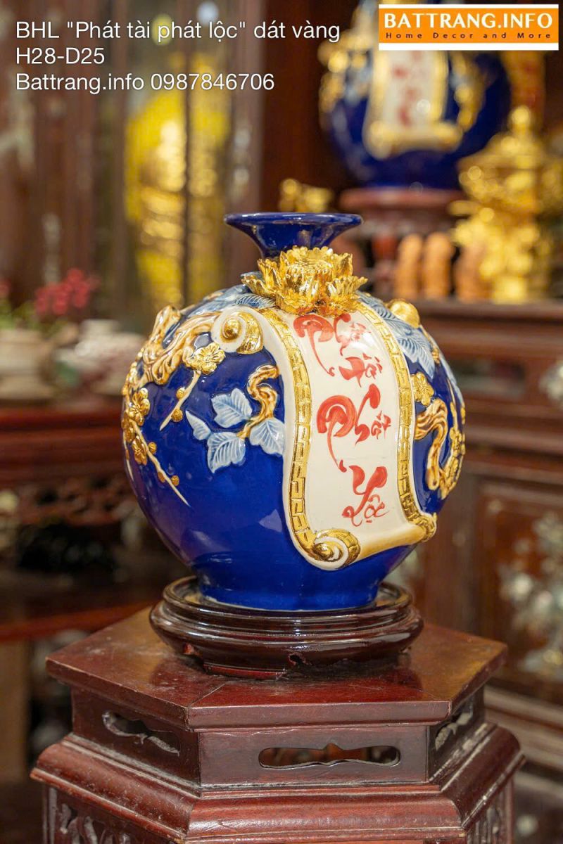 Bình Hút Tài Lộc Men Màu Đắp Nổi Dát Vàng Chữ “Phát Tài Phát Lộc” Cao 28cm