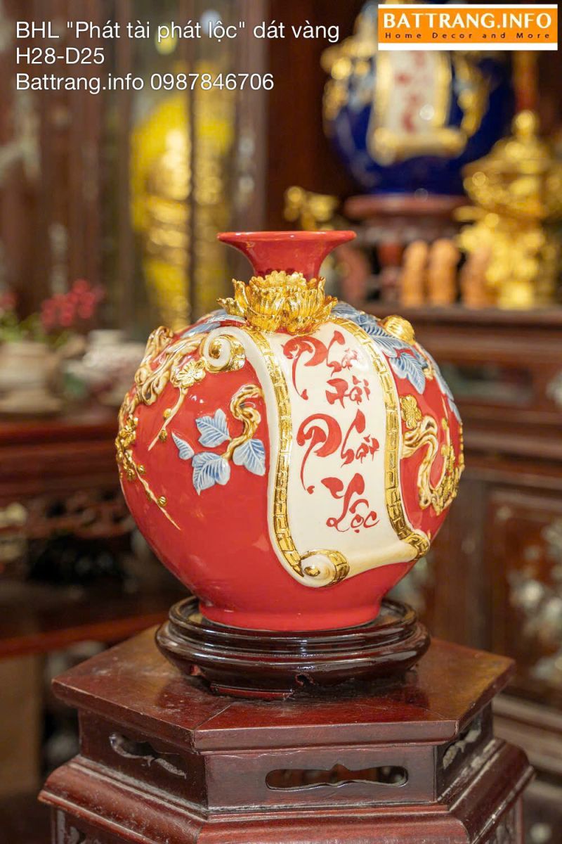 Bình Hút Tài Lộc Men Màu Đắp Nổi Dát Vàng Chữ “Phát Tài Phát Lộc” Cao 28cm