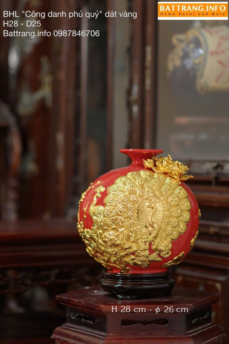 Bình Hút Tài Lộc Men Màu Công Đào Dát Vàng Cao 28cm – Thu Hút Tài Lộc – Vượng Khí – May Mắn Cho Gia Chủ