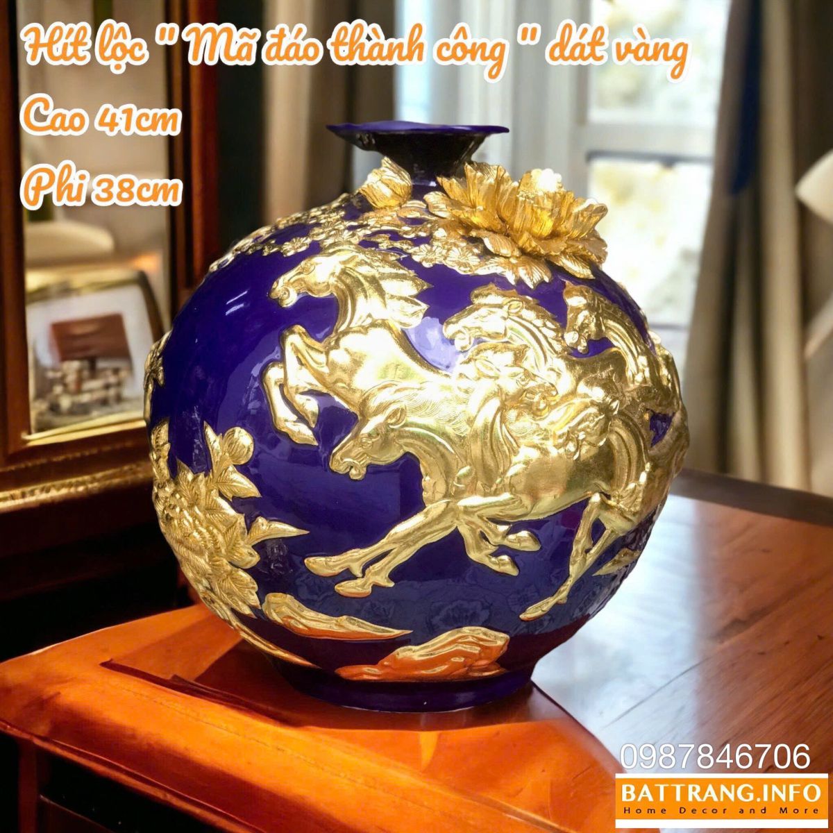 Bình Hút Lộc Mã Đáo Thành Công Men Màu Đắp Nổi Dát Vàng Cao 41cm