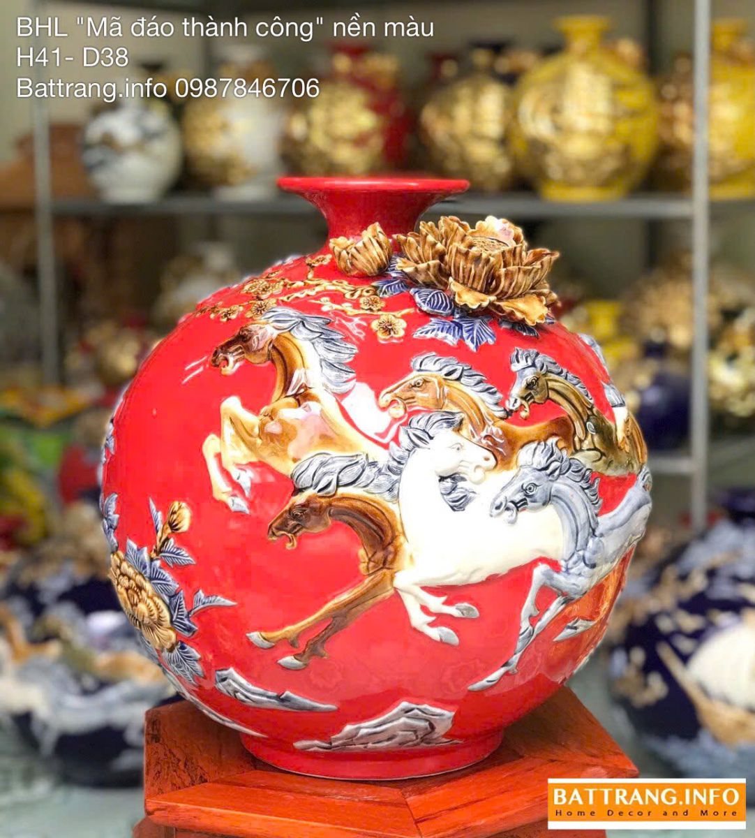 Bình Hút Lộc Mã Đáo Thành Công Nền Màu – Cao 41cm Cao Cấp Bát Tràng | Quà Tặng Năm Bính Ngọ Ý Nghĩa