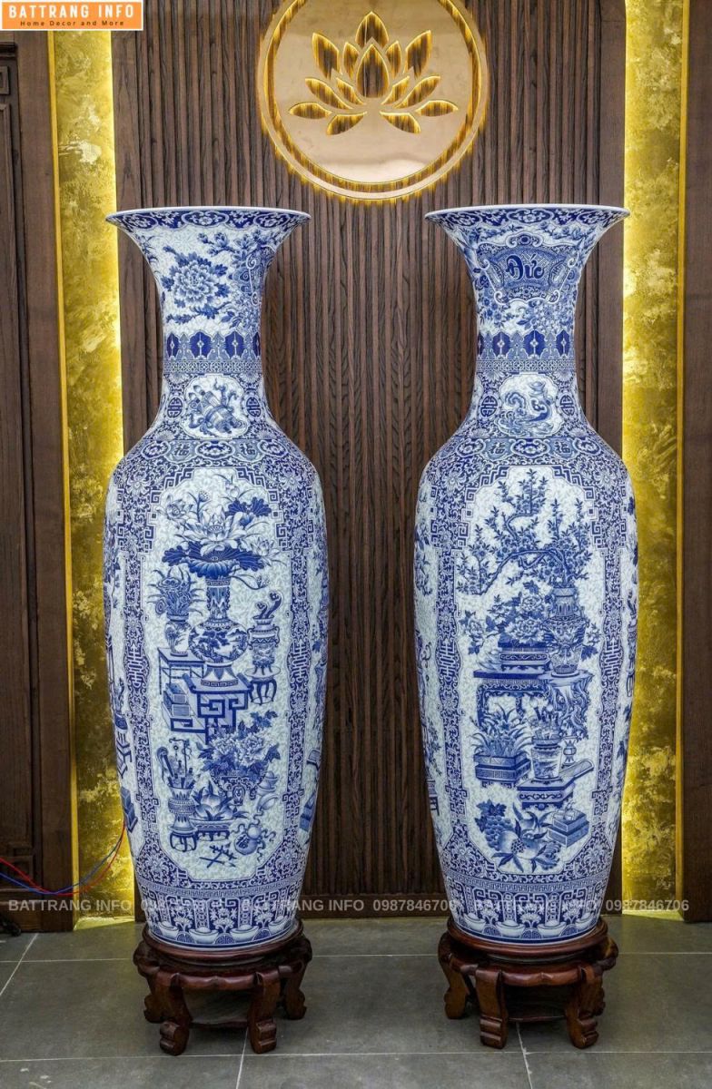 Lộc Bình Tứ Cảnh Cổ Đồ Nền Gại Gấm Xanh Lam Khử Vip Bát Tràng