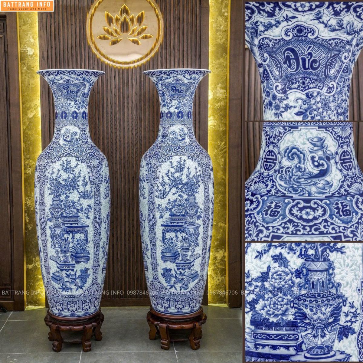 Lộc Bình Tứ Cảnh Cổ Đồ Nền Gại Gấm Xanh Lam Khử Vip Bát Tràng 2