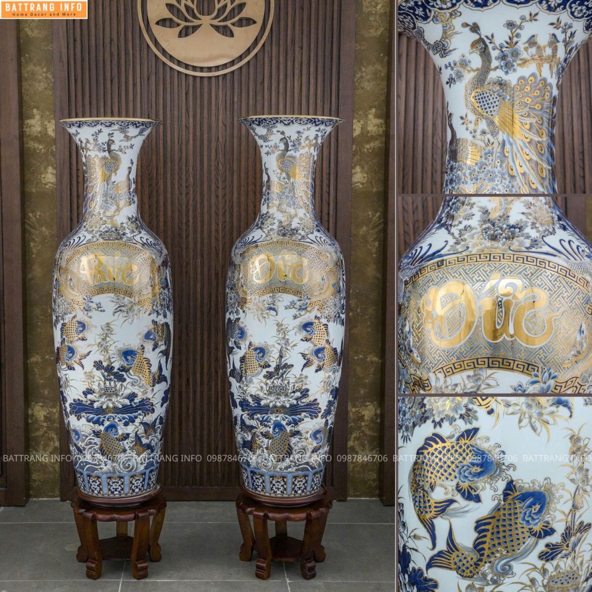 Lộc Bình Phúc Đức Men Lam Khử Vẽ Vàng 24K Cao Cấp Bát Tràng