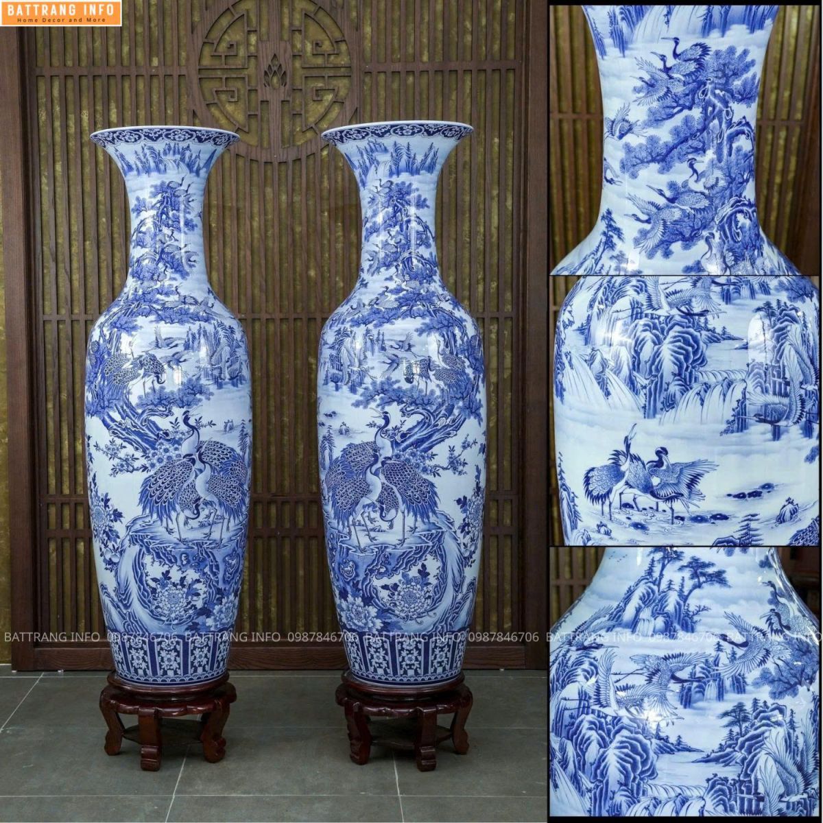 Lộc Bình Tùng Hạc Sơn Thuỷ Men Lam Khử Cao Cấp Bát Tràng