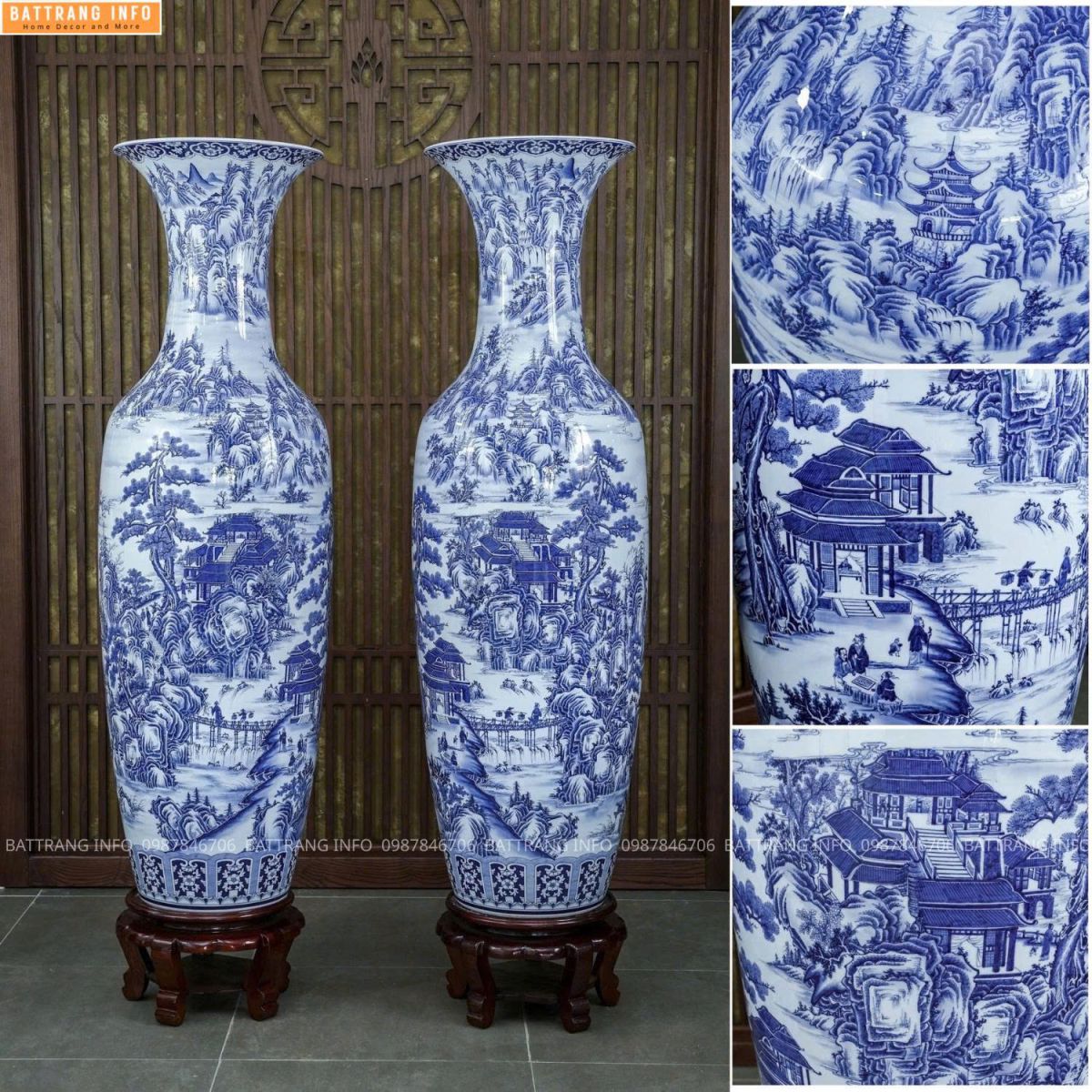 Lộc Bình Sơn Thuỷ Hữu Tình Men Lam Khử Cao Cấp Bát Tràng