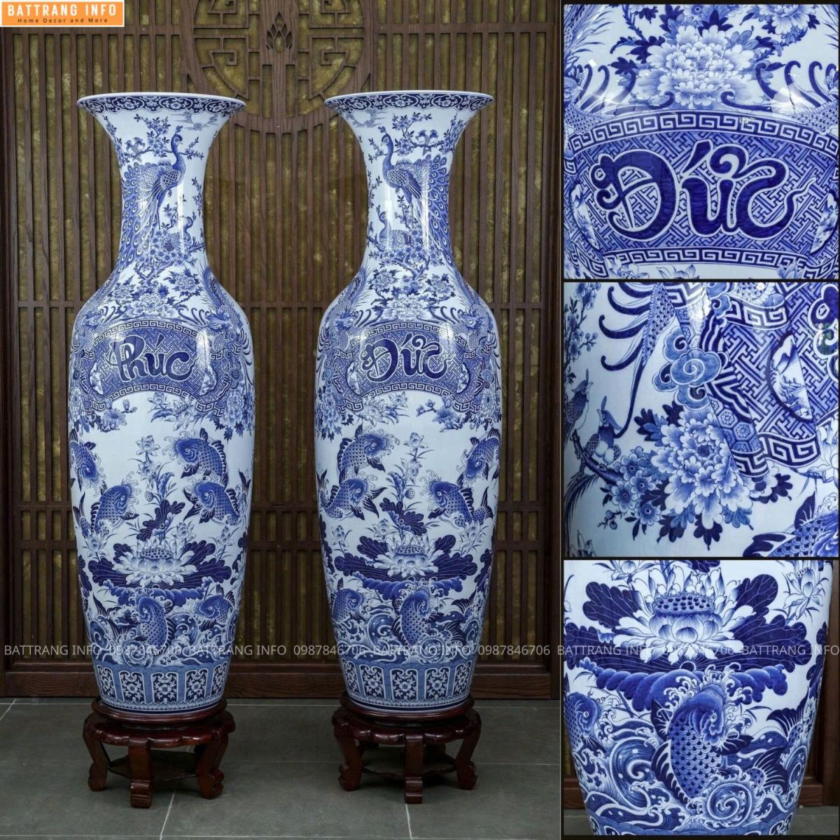 Lộc Bình Phúc Đức Men Lam Khử Cao Cấp Bát Tràng