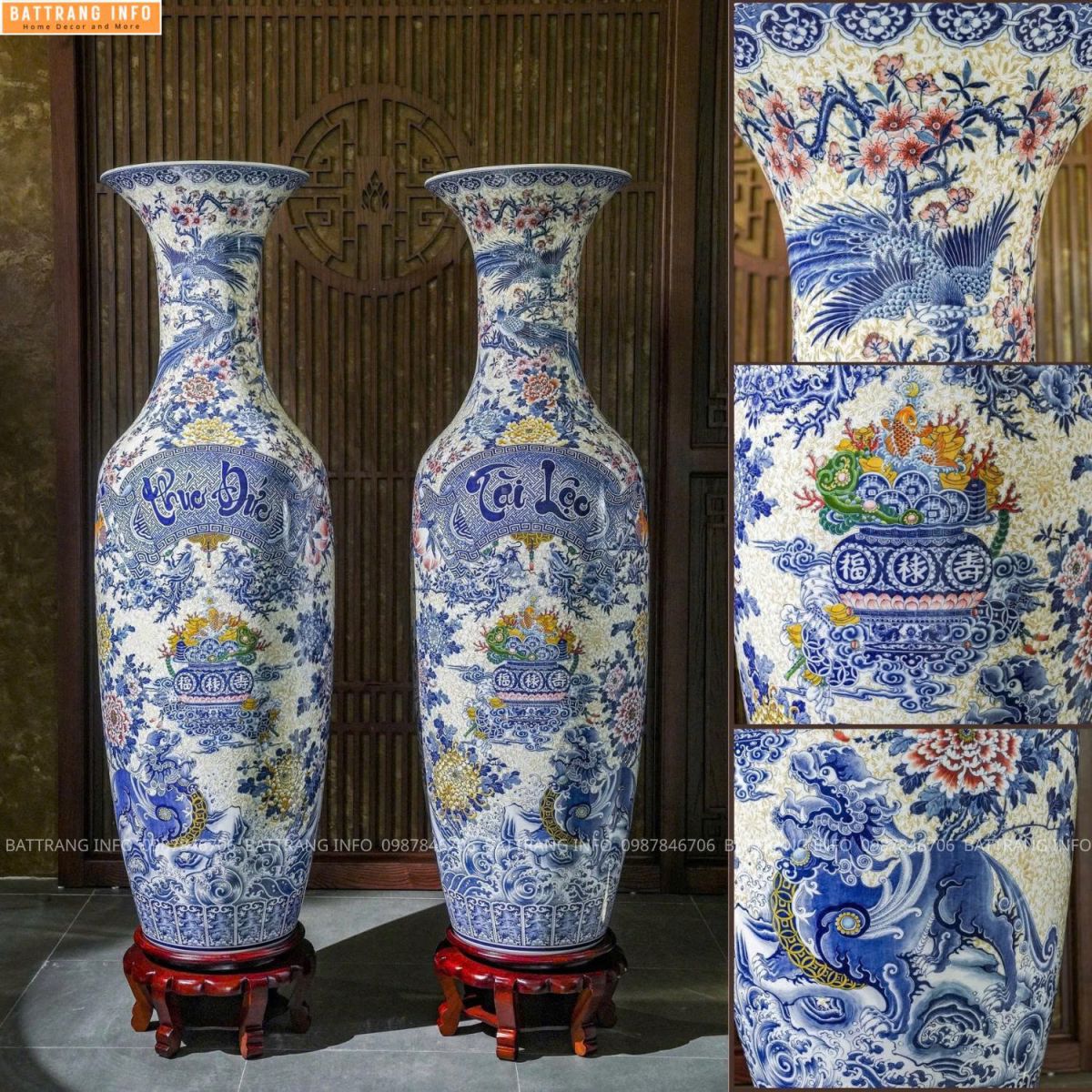 Lộc Bình Phúc Đức Tài Lộc Nền Gại Gấm Cao Cấp Bát Tràng