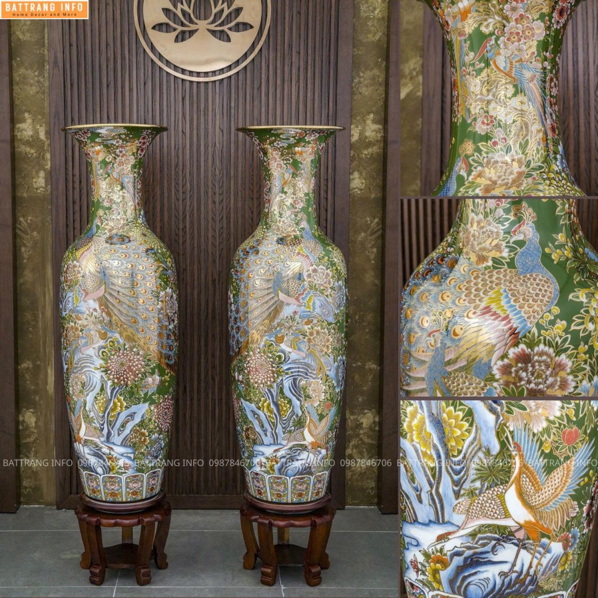 Lộc Bình Công Danh Phú Quý Nền Màu Vẽ Vàng 24K Cao Cấp Bát Tràng