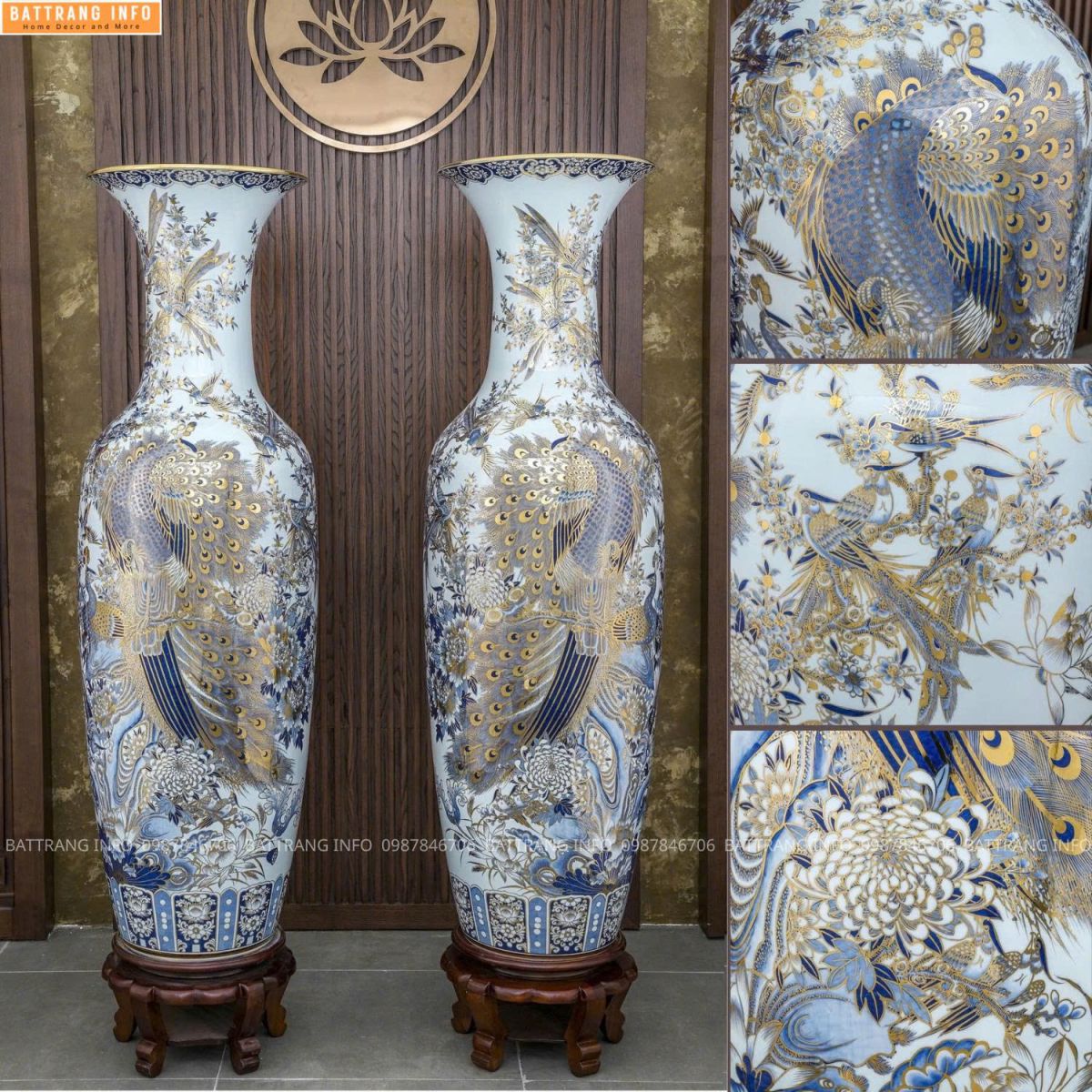 Lộc Bình Công Danh Phú Quý Men Lam Khử Vẽ Vàng 24K Cao Cấp Bát Tràng