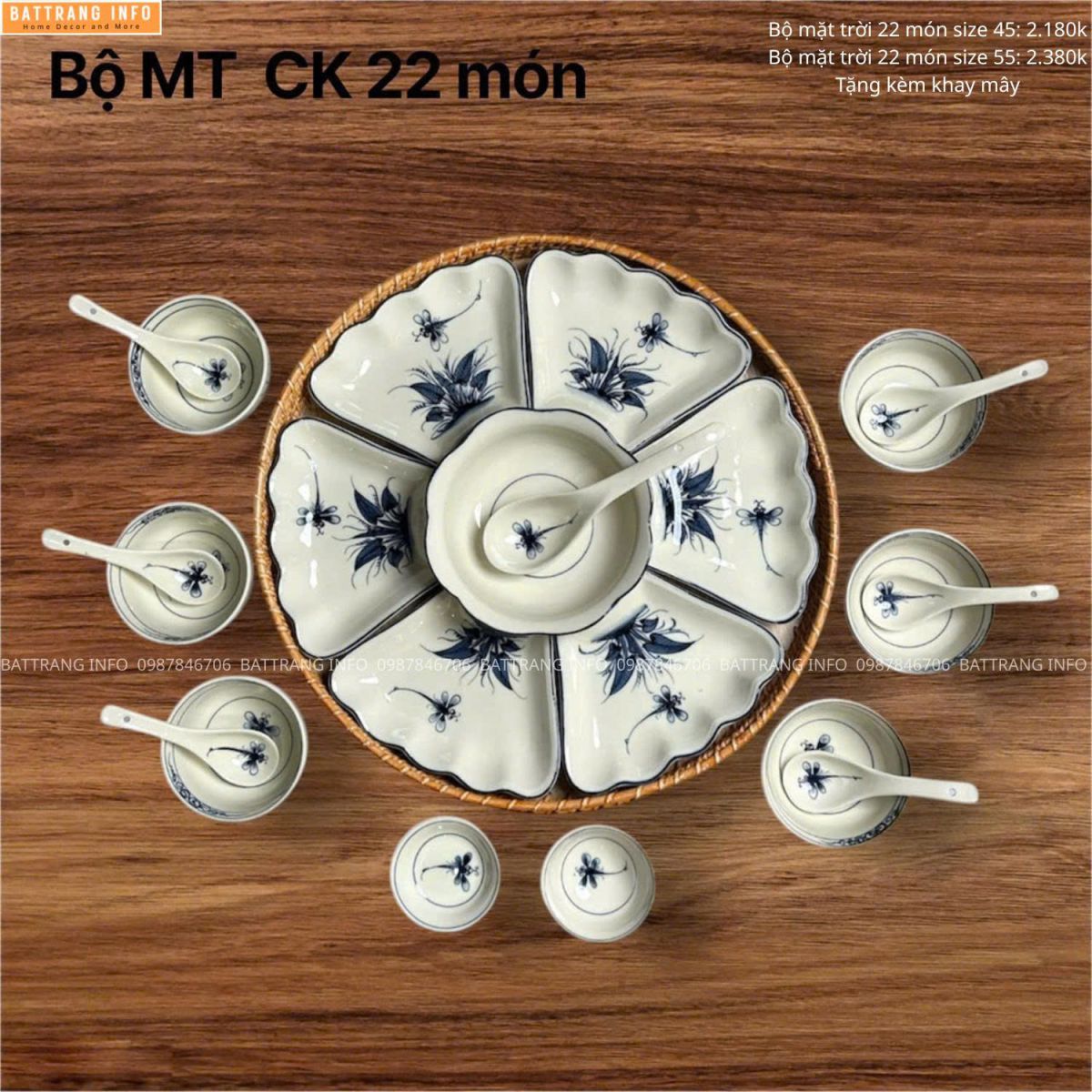 Bộ bát đĩa hoa mặt trời vẽ tay cao cấp Bát Tràng