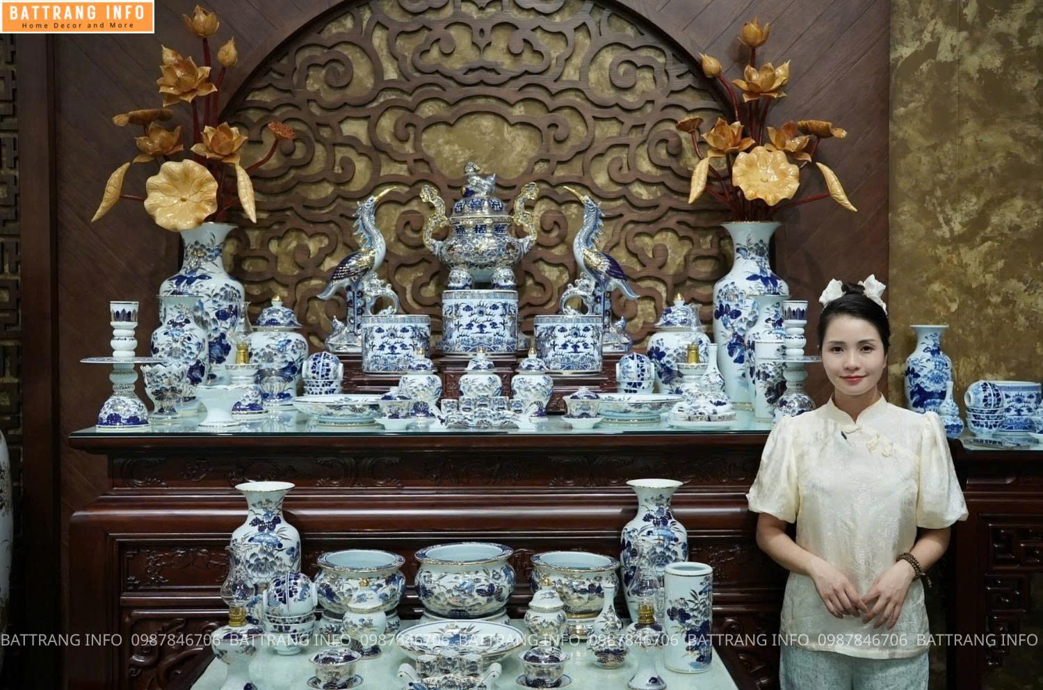 Combo bộ đồ thờ men rong " khử "  vẽ rồng vàng 18k cao cấp Bát Tràng - dành cho ban thờ 1m97