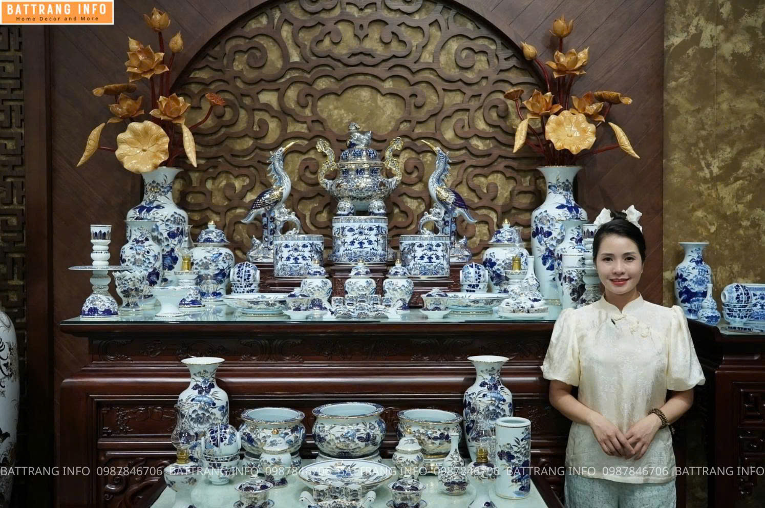 Bộ Đồ Thờ Men Khử Vẽ Vàng 24K Cao Cấp Bát Tràng