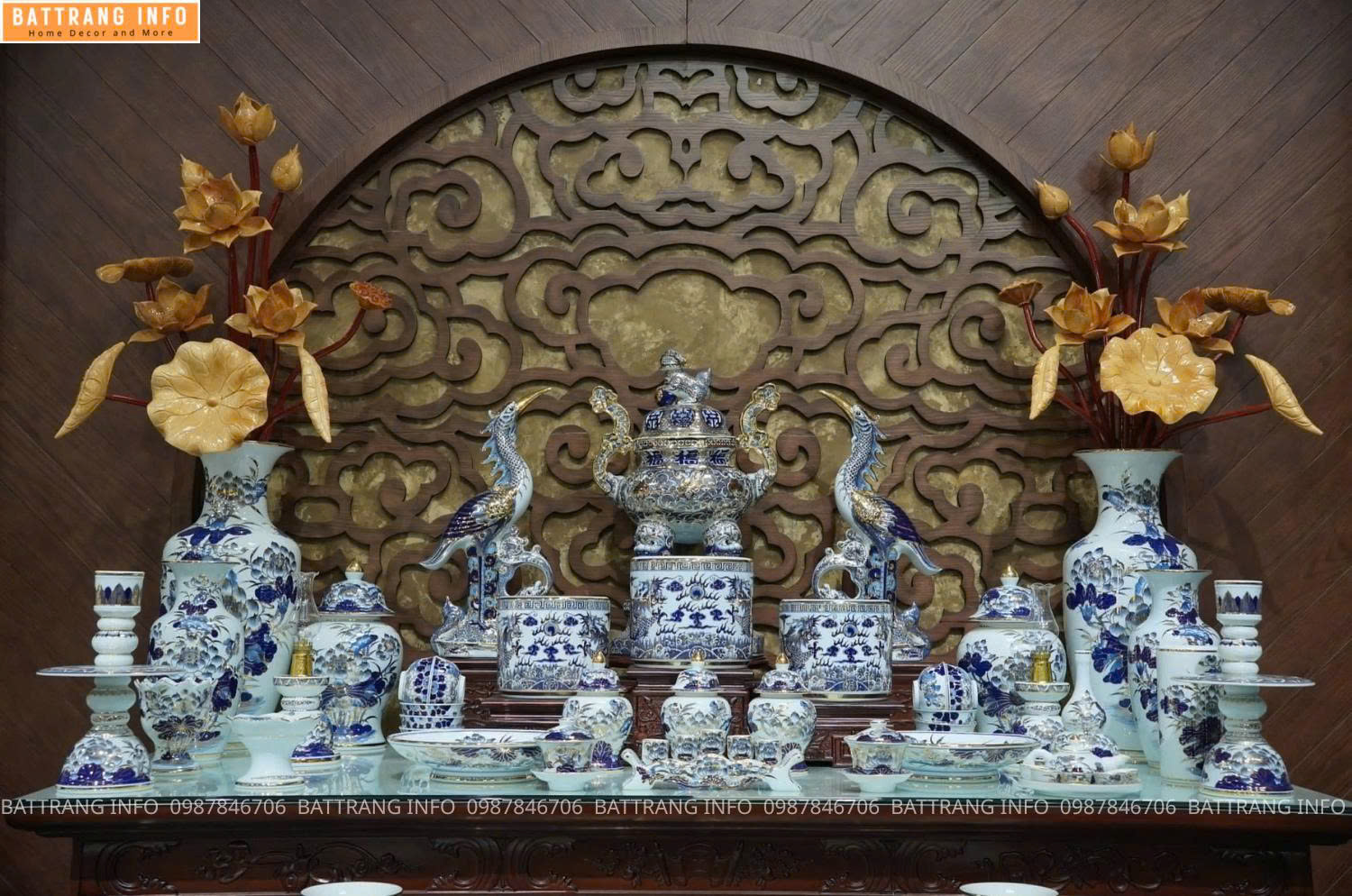 Bộ Đồ Thờ Men Khử Vẽ Vàng 24K Cao Cấp Bát Tràng