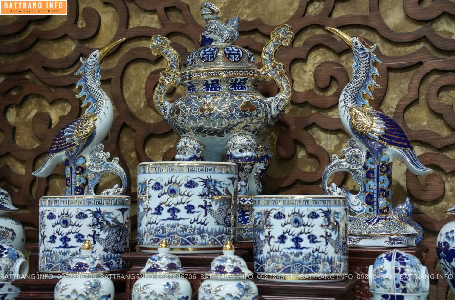 Bộ Đồ Thờ Men Khử Vẽ Vàng 24K Cao Cấp Bát Tràng