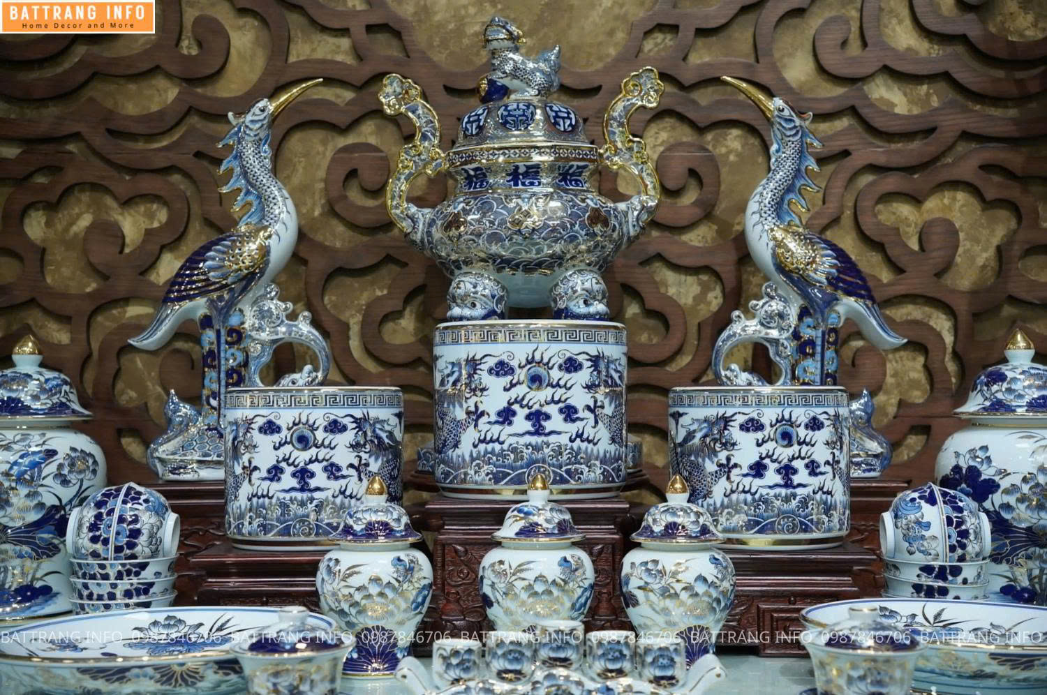 Bộ Đồ Thờ Men Khử Vẽ Vàng 24K Cao Cấp Bát Tràng