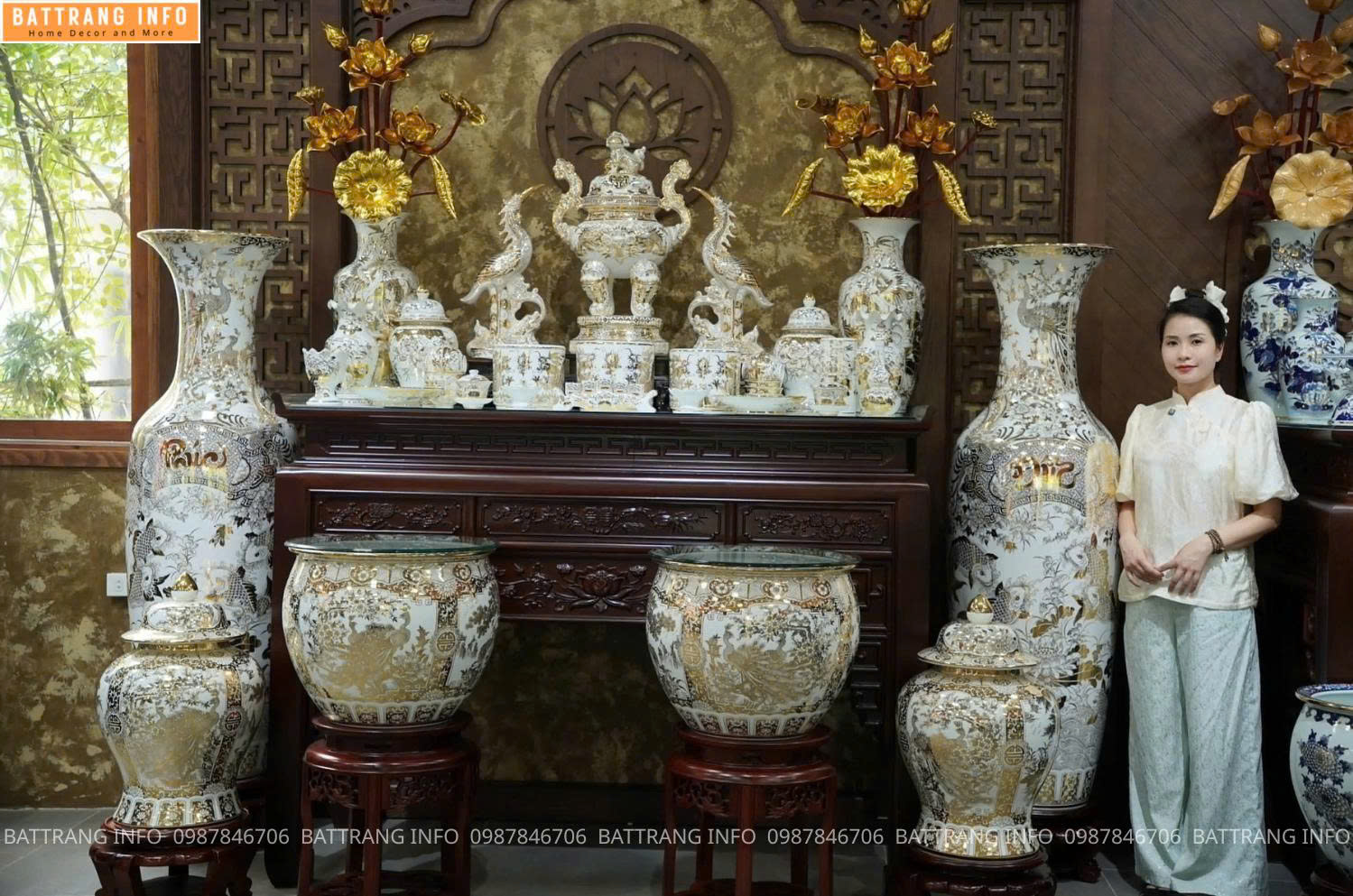 Bộ đồ thờ Bạch Ngọc vẽ vàng 24K cao cấp Bát Tràng – Tinh hoa gốm sứ cho không gian thờ tự linh thiêng