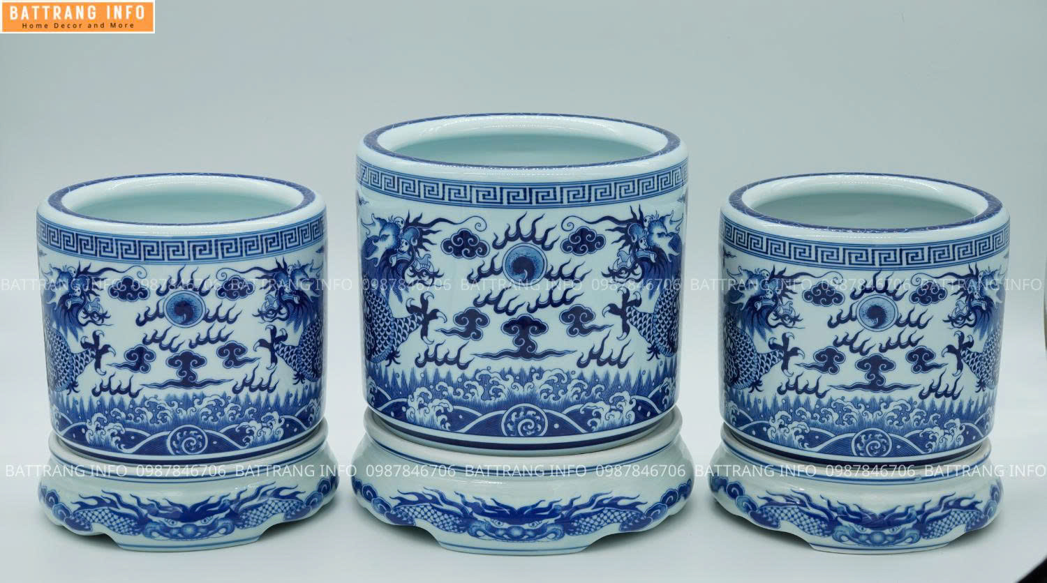 Bát Hương Men Lam Vẽ Tay Song Long Chầu Nguyệt Cao Cấp Bát Tràng