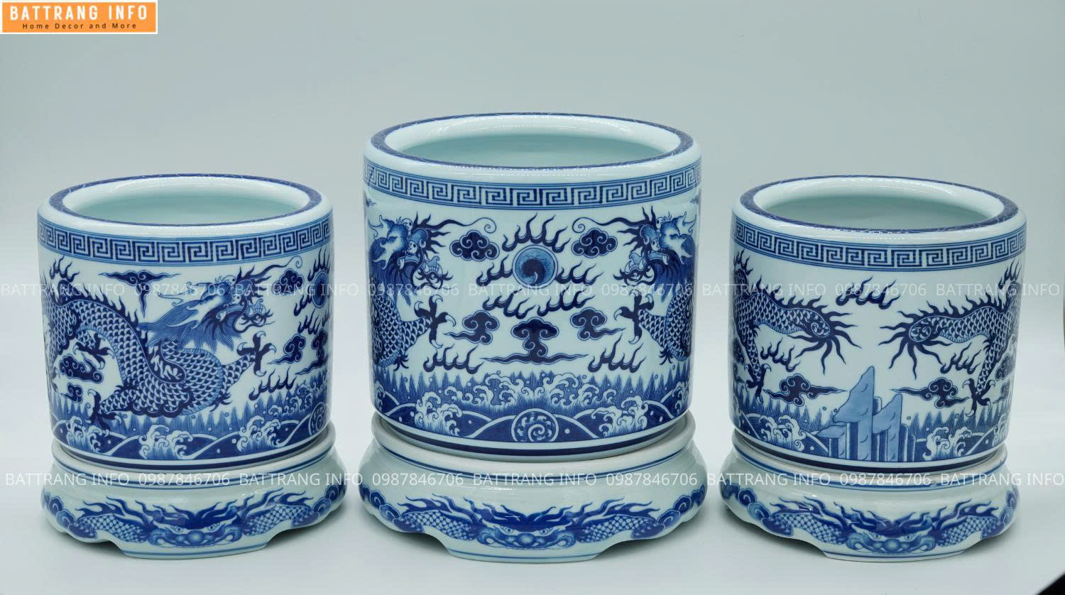 Bát Hương Men Lam Vẽ Tay Song Long Chầu Nguyệt Cao Cấp Bát Tràng