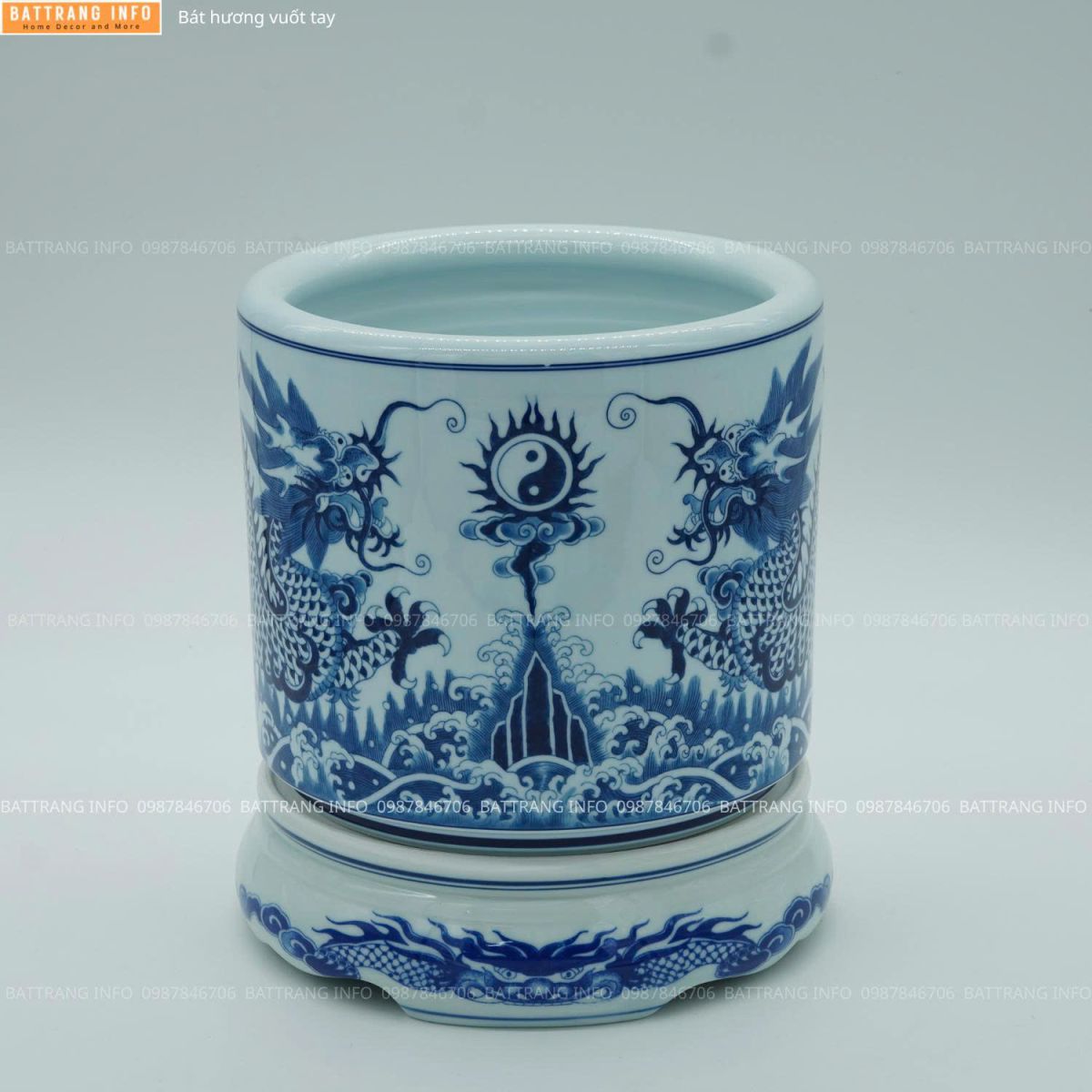 Bát hương men vuốt tay men rong khử vẽ song long cao cấp Bát Tràng - p16