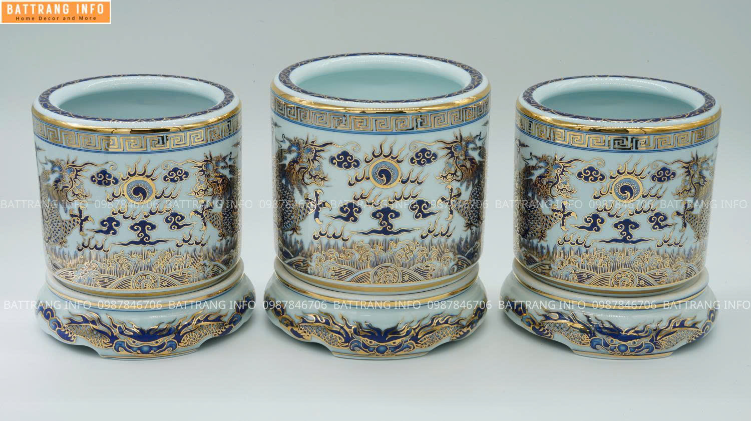 Bát hương men rong khử vẽ vàng 18k cao cấp song long - bát hương vẽ rồng p16 2