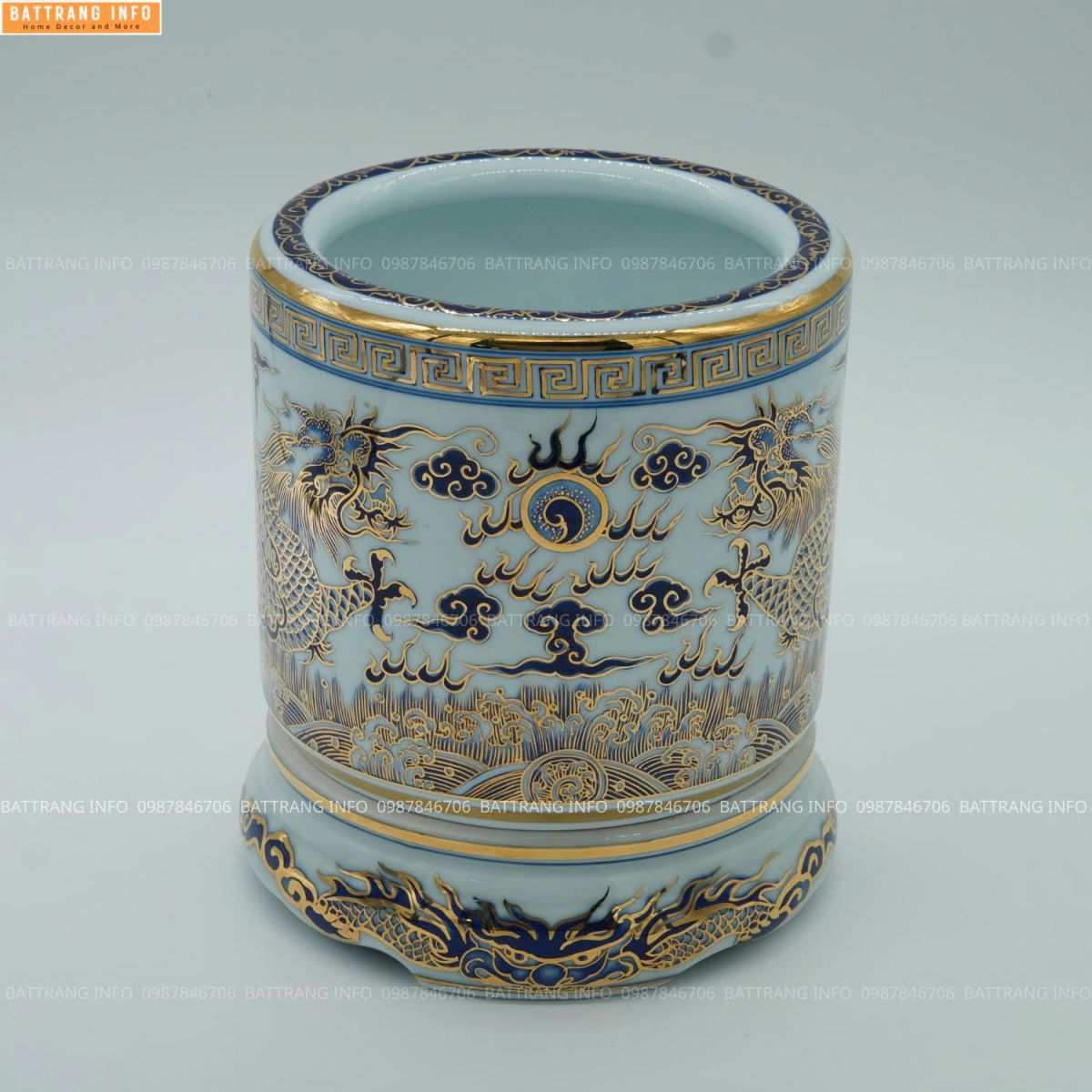 Bát hương men rong khử vẽ vàng 18k cao cấp song long - bát hương vẽ rồng p16