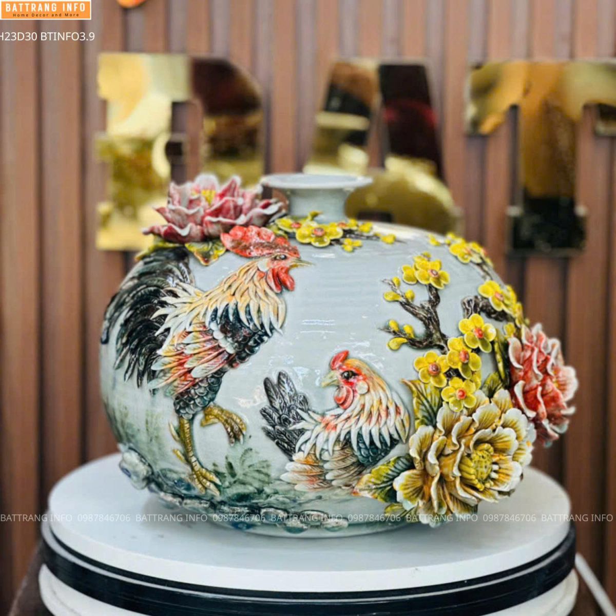 Bình hút lộc Kim Kê đắp nổi cao cấp Bát Tràng cao 23cm – Vật phẩm phong thủy chiêu tài, vượng lộc