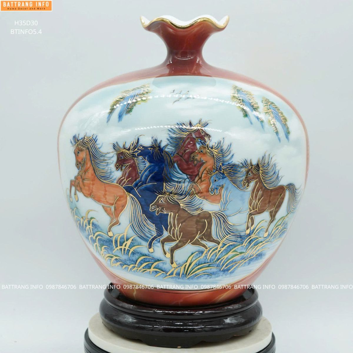 Bình Hút Tài Lộc Nhị Cảnh Thuận Buồm Xuôi Gió & Mã Đáo Thành Công Men Lam Vẽ Vàng 24K Cao 35cm