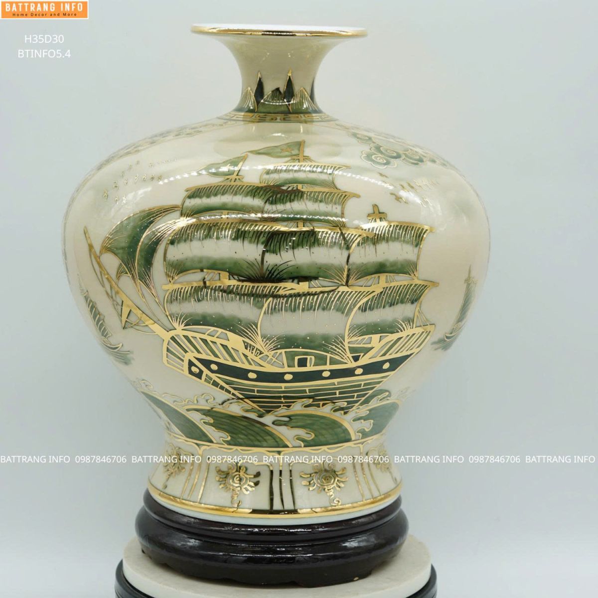 Bình Hút Tài Lộc Nhị Cảnh Thuận Buồm Xuôi Gió & Mã Đáo Thành Công Men Lam Vẽ Vàng 24K Cao 35cm