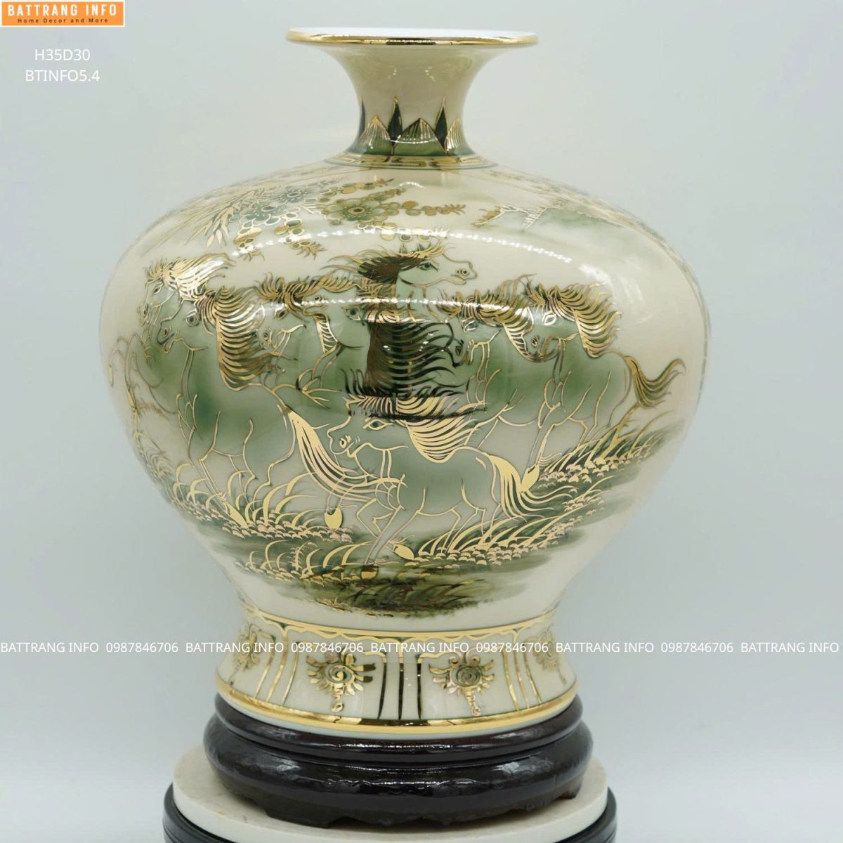 Bình Hút Tài Lộc Nhị Cảnh Thuận Buồm Xuôi Gió & Mã Đáo Thành Công Men Lam Vẽ Vàng 24K Cao 35cm 2