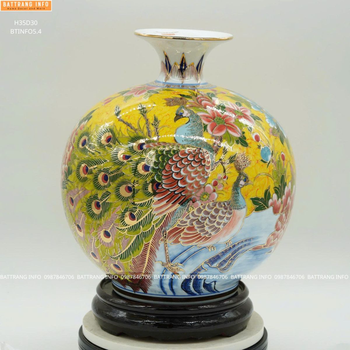 Bình Hút Lộc Công Danh Phú Quý Cao 35cm Vẽ Vàng 24K Cao Cấp Bát Tràng