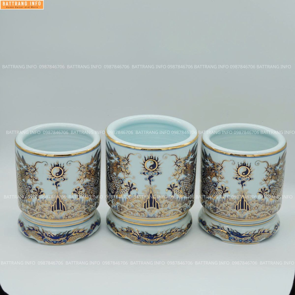 Bát Hương Men Lam Khử Vuốt Tay Vẽ Vàng 24K Cao Cấp Bát Tràng P16 2