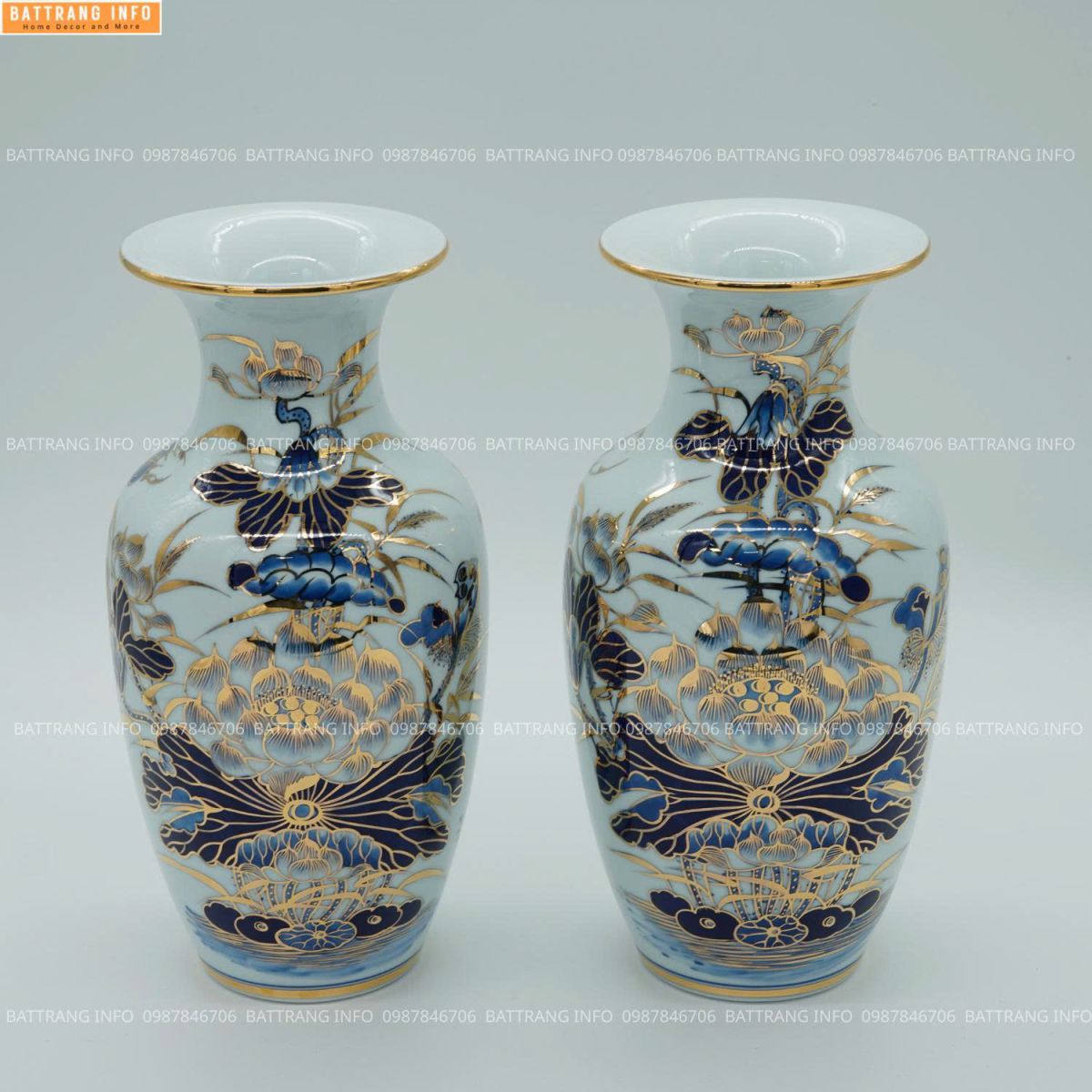 Lọ Hoa Men Lam Khử Vẽ Tay Vẽ Vàng 24K Họa Tiết Hoa Sen Cao Cấp Bát Tràng H60