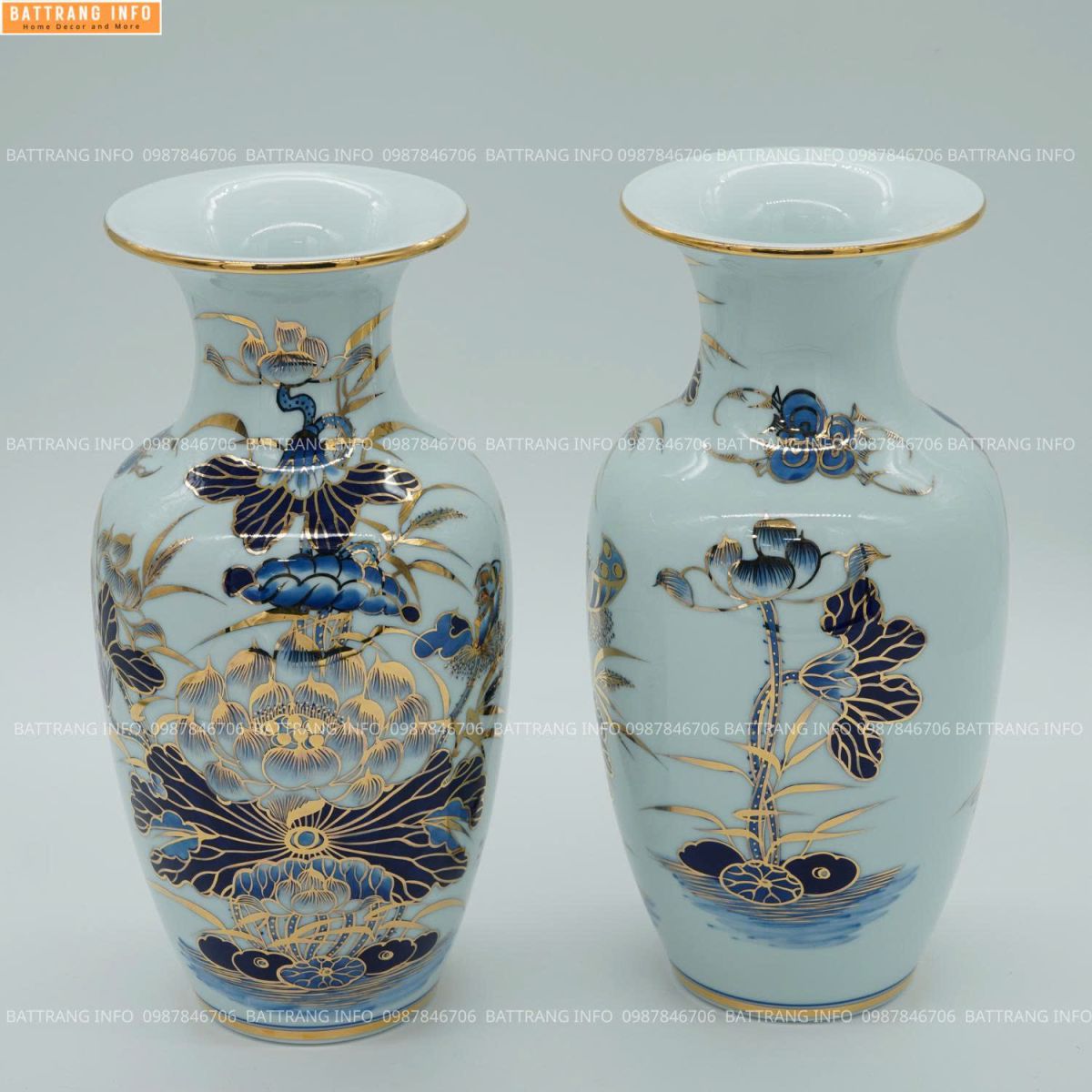 Lọ Hoa Men Lam Khử Vẽ Tay Vẽ Vàng 24K Họa Tiết Hoa Sen Cao Cấp Bát Tràng H50 2