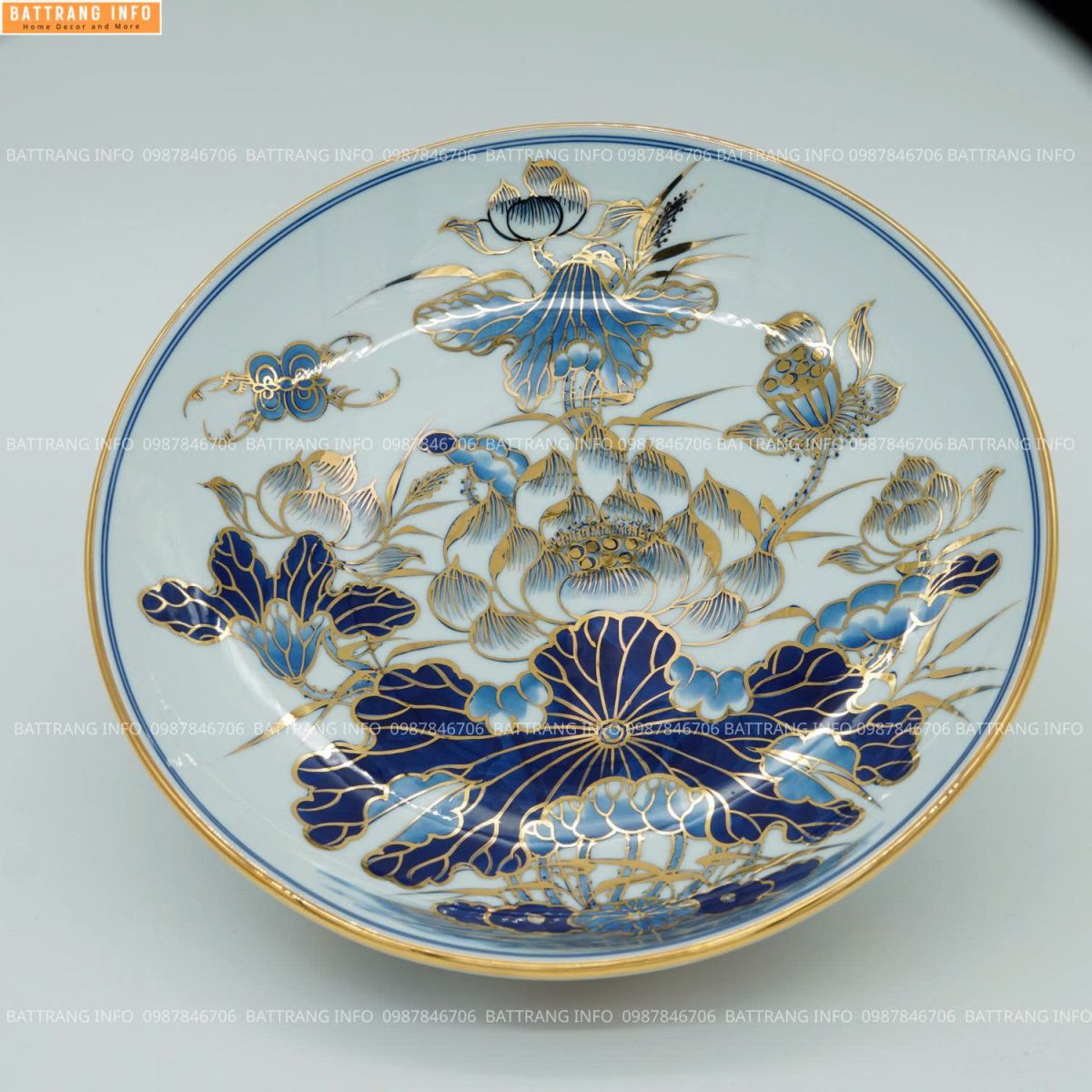 Mâm Bồng Men Lam Vẽ Vàng 24K Cao Cấp Bát Tràng P35