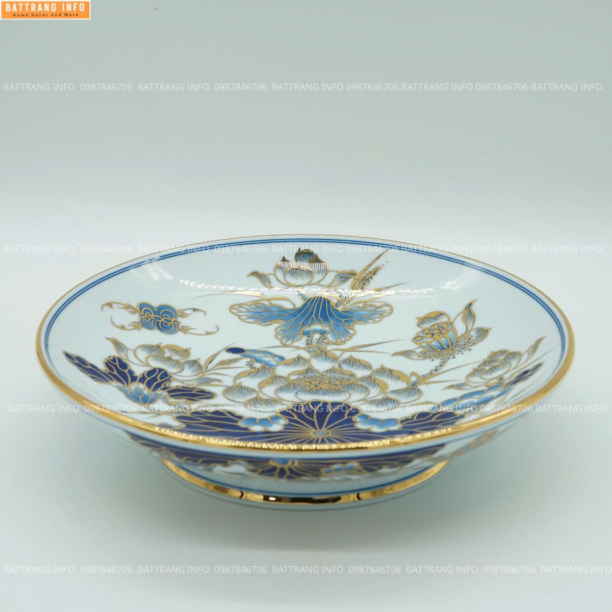 Mâm Bồng Men Lam Vẽ Vàng 24K Cao Cấp Bát Tràng P14 2