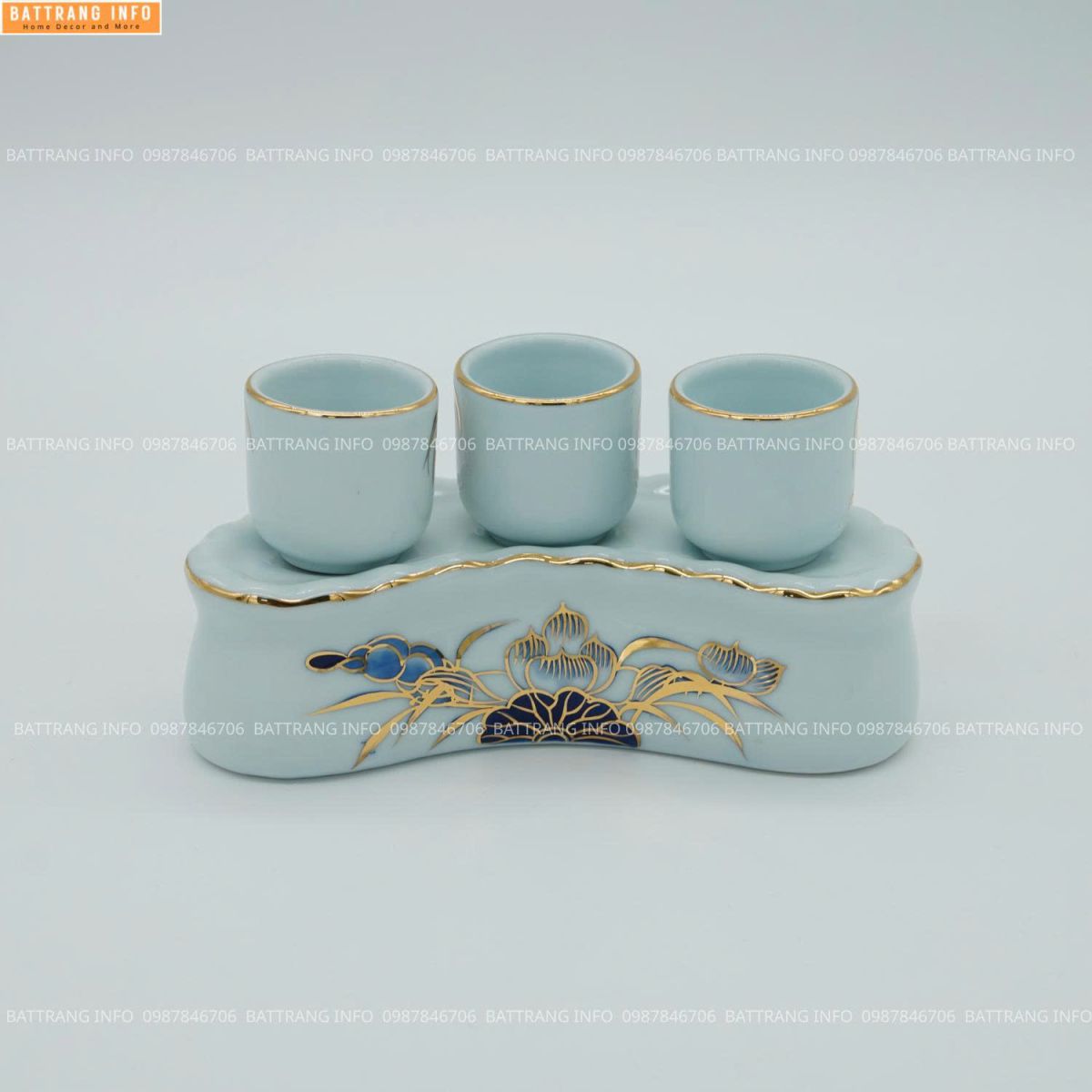 Kỷ Cong 3 Chén Men Lam Vẽ Vàng 24K Cao Cấp Bát Tràng 2