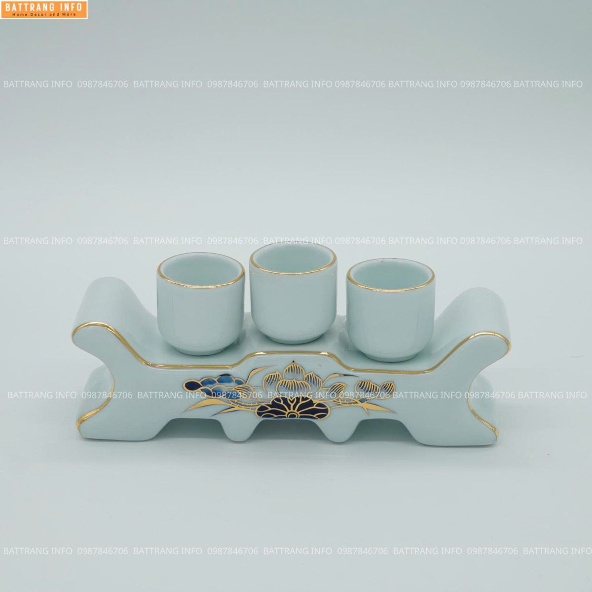 Kỷ Ngai 3 Chén Men Lam Vẽ Vàng 24K Cao Cấp Bát Tràng 2