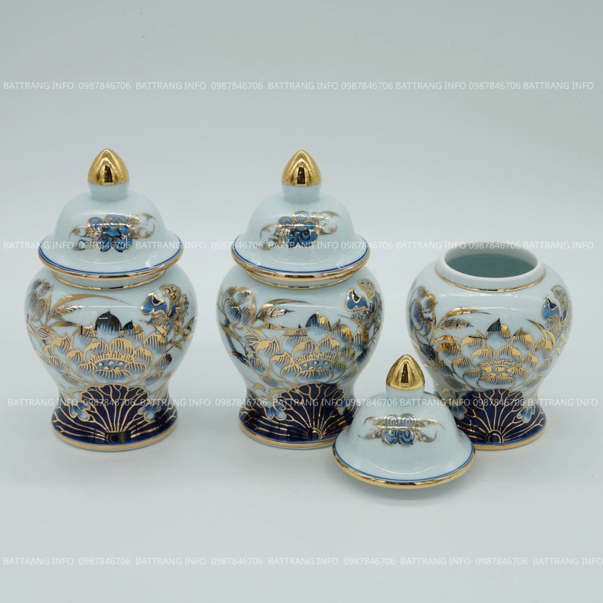 Choé muối – gạo – nước men lam vẽ vàng 24K cao cấp Bát Tràng H13 2