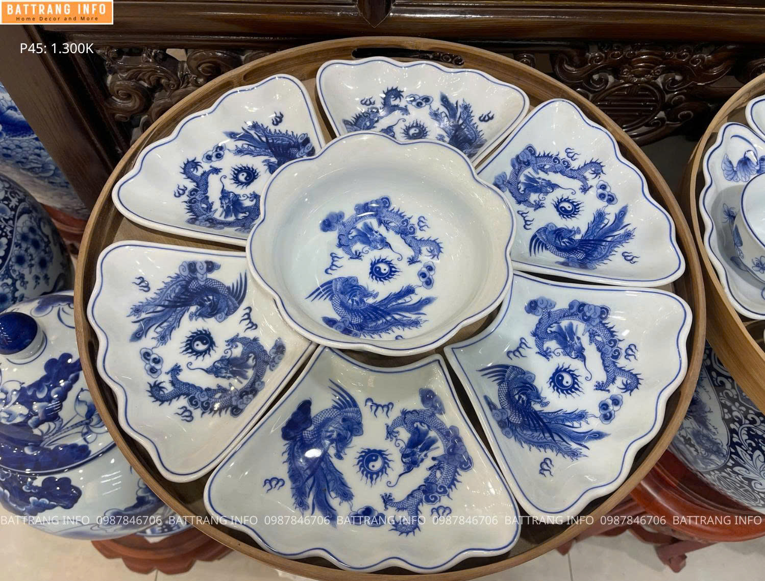 Sét Bát Đĩa Cúng Hoa Mặt Trời P45 Men Lam Rồng Vẽ Tay Cao Cấp Bát Tràng