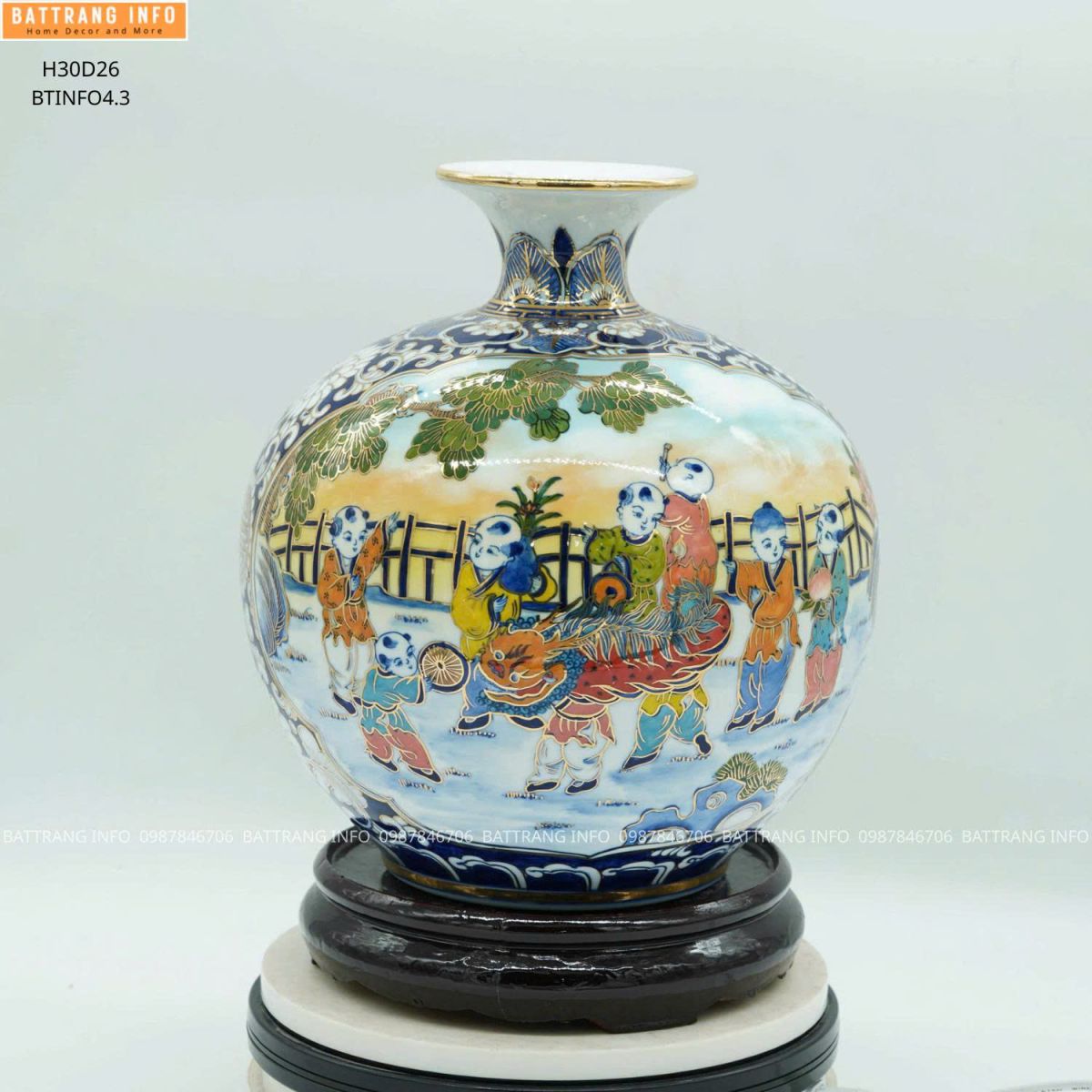 Bình Hút Tài Lộc Bách Nhi Bách Phúc Vẽ Vàng 24K Cao 30cm