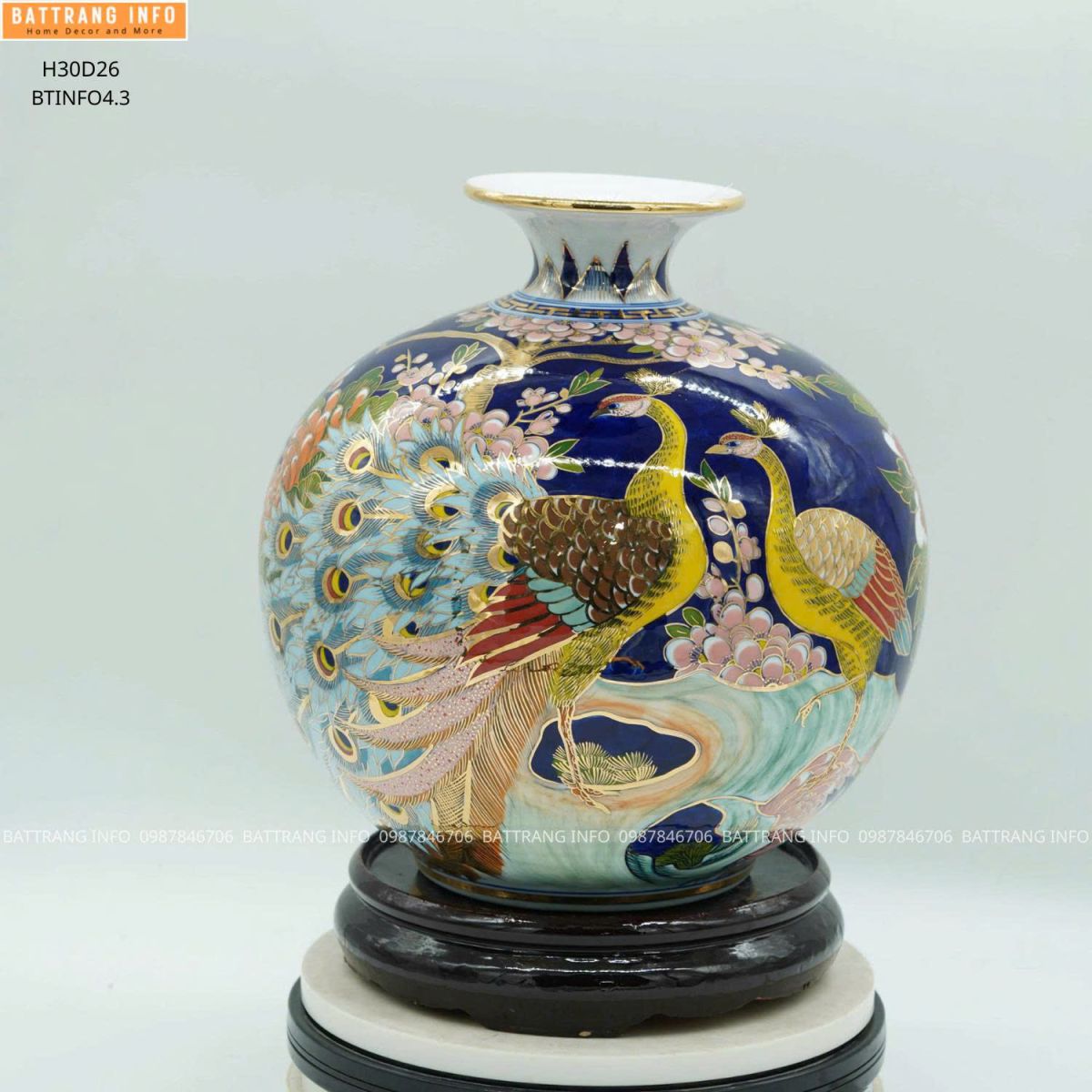 Bình Hút Lộc Công Danh Phú Quý Cao 30cm Vẽ Vàng 24K Cao Cấp Bát Tràng