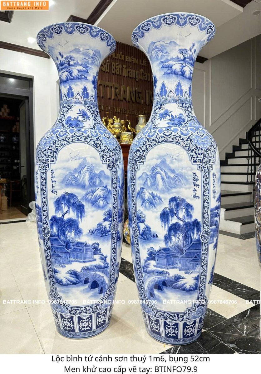 Lộc Bình Tứ Cảnh Sơn Thủy 1m6 Men Lam Vẽ Tay Cao Cấp Bát Tràng