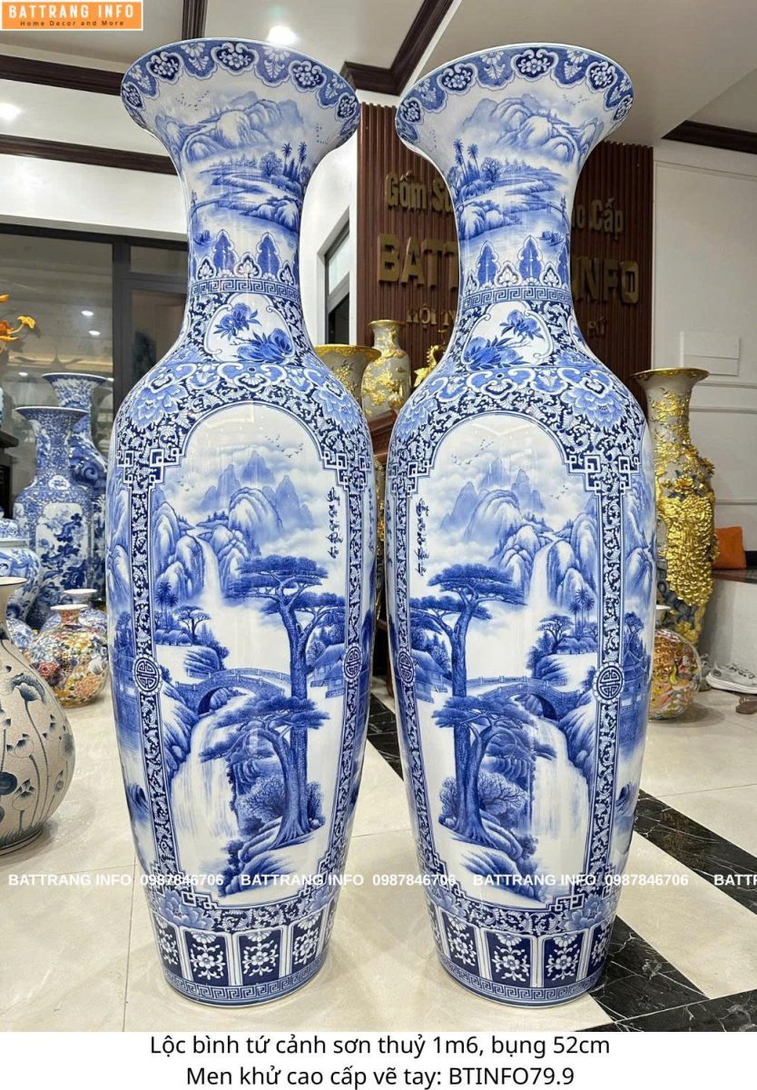 Lộc Bình Tứ Cảnh Sơn Thủy 1m6 Men Lam Vẽ Tay Cao Cấp Bát Tràng – Tài Lộc – Thịnh Vượng – Bình An