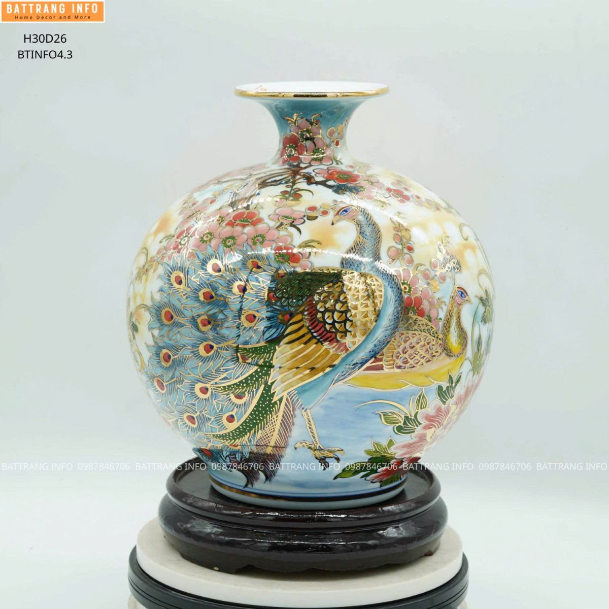 Bình Hút Lộc Công Danh Phú Quý Cao 30cm Vẽ Vàng 24K Cao Cấp Bát Tràng